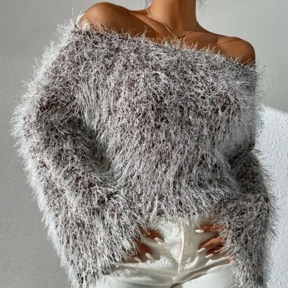 fluffy knit Off Shoulder Trumpet Sleeve Sweater Top Brown - Picture 6 of 9